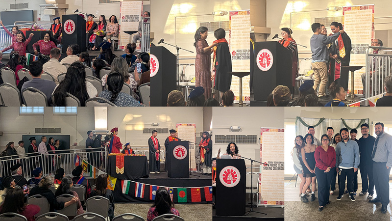 A collage of four photos from CSU Channel Islands' first-ever AAPI Stoling Ceremony, featuring graduates receiving commemorative stoles on stage, speakers at the podium, and a group photo of students and staff.