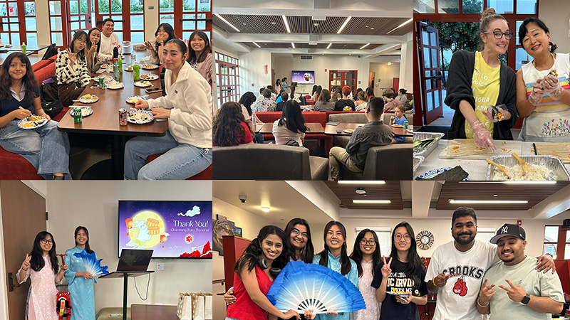 Collage of AAPIA event showing eating together, people preparing food, a posed groups, and an audience watching a presentation.