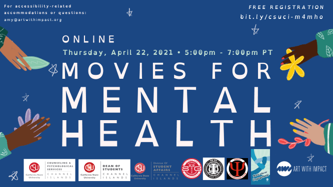Dark blue background, white lettering announcing event four hands, two on each side, one holding a leaf, two holding flowers and one holding a branch wiht leves on it logos for campus entities are located on the bottom