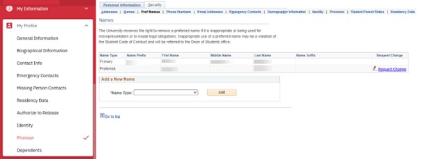 Screenshot of Preferred Names